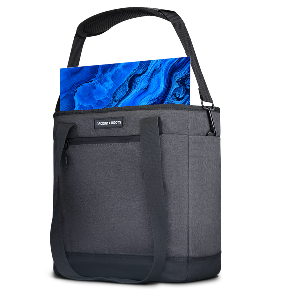 Record Roots Ultimate Vinyl Record Carry Bag with blue album and padded shoulder strap