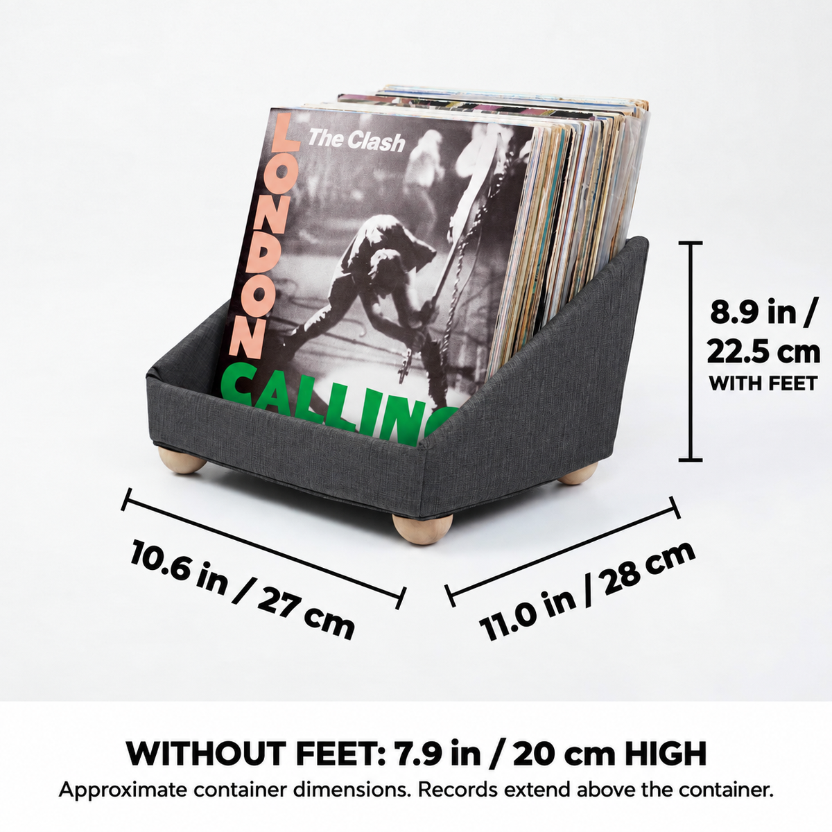 Tabletop Storage Container dimensions: approximately 10.6 inches wide by 11.0 inches deep by 8.9 inches high with feet (27 by 28 by 22.5 cm); 7.9 inches high without feet (20 cm). Records extend above the container.