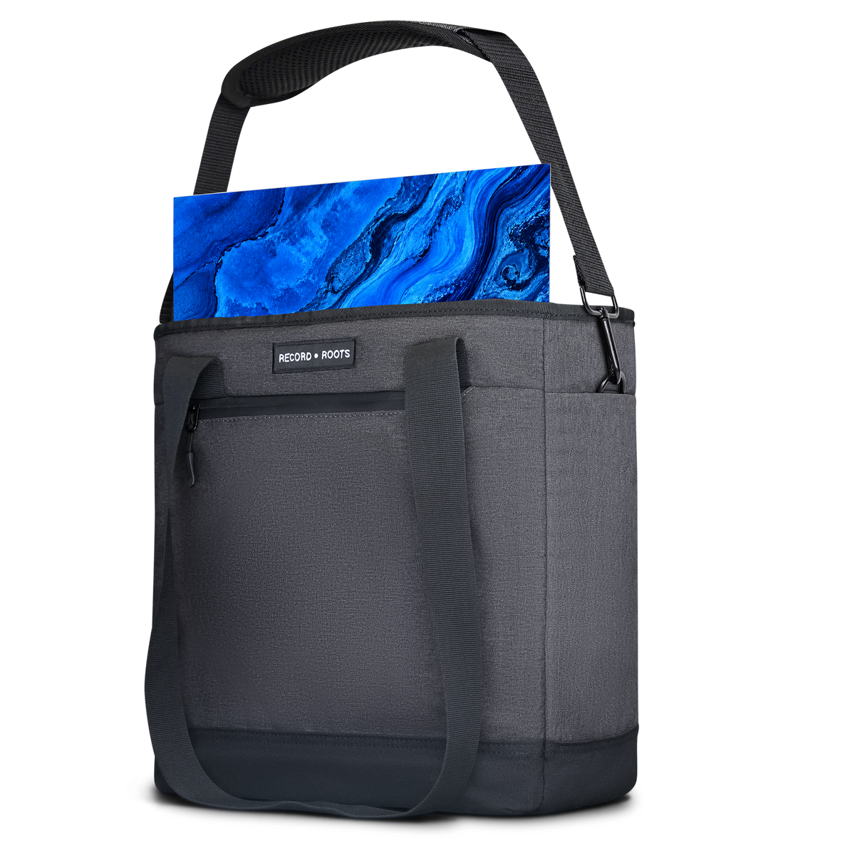 Record Roots Ultimate Vinyl Record Carry Bag with blue album and padded shoulder strap